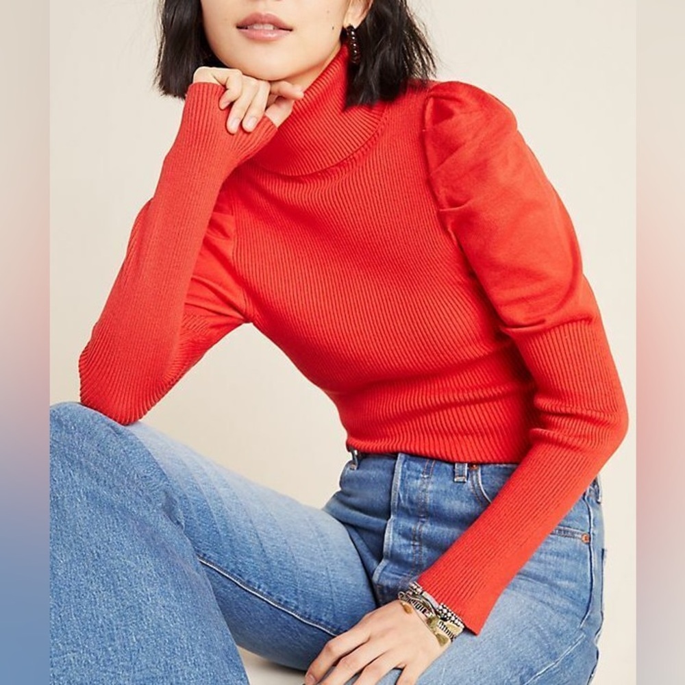 Anthropologie Chelsea Ribbed Puff Sleeve Turtleneck